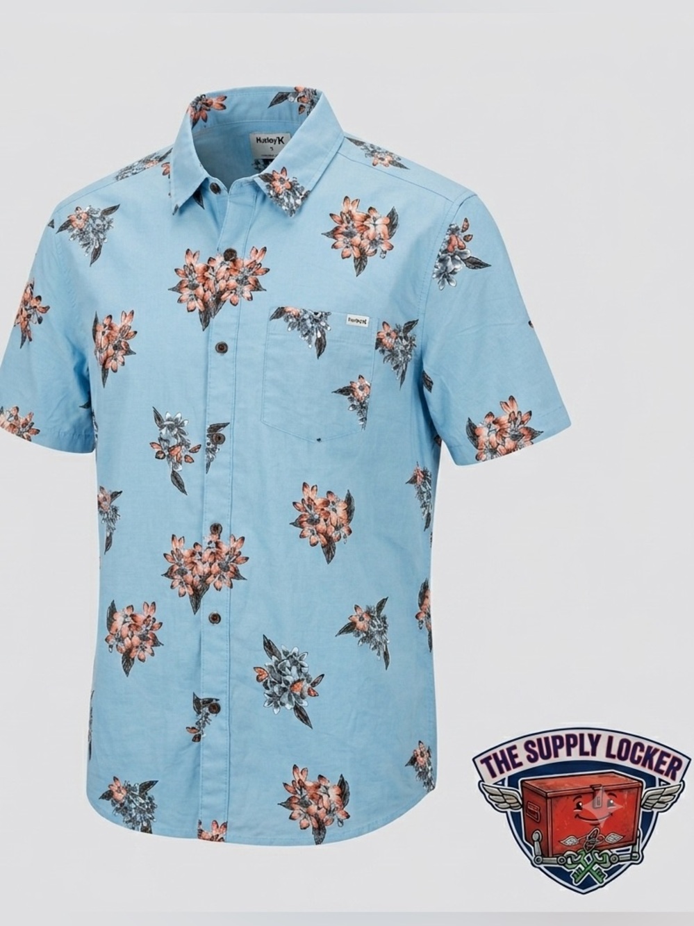 Hurley Floral Button Up Shirt Men’s Medium Blue Stretch Short Sleeve NWT